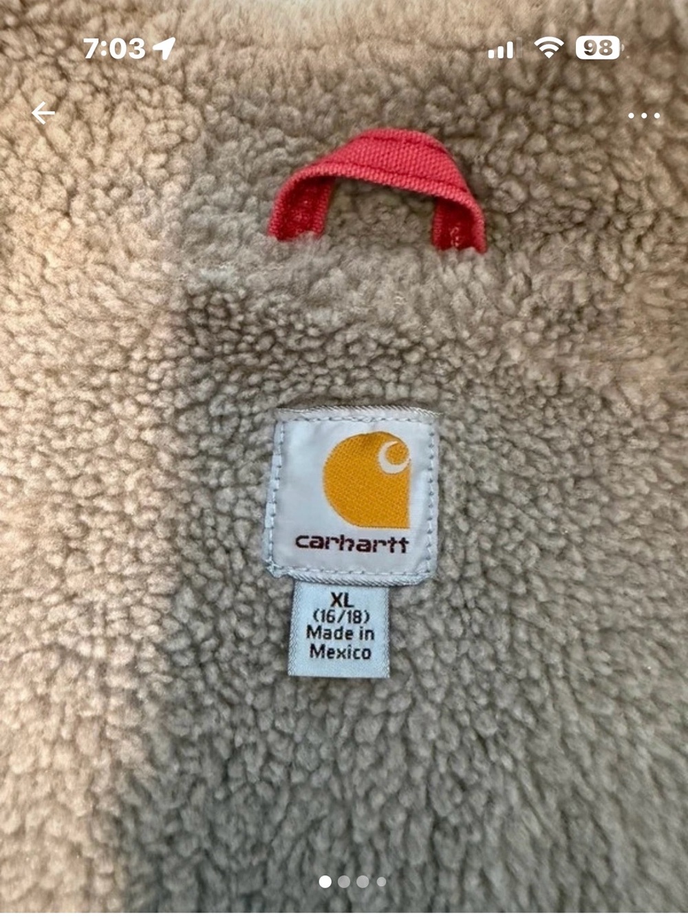 Carhartt Cream Sherpa Jacket with Yellow Logo and Pink Loop